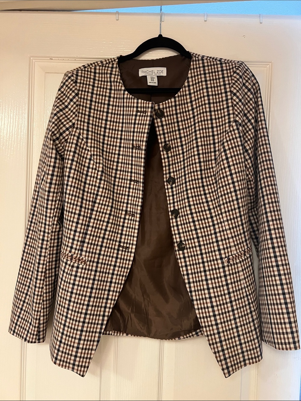 Rachel Zoe Brown and Black Plaid Collarless Blazer